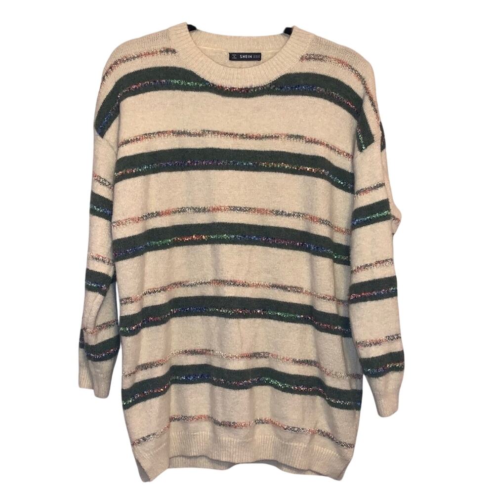 Shein Cream & Green Sweater Multicolored Stripes One Size